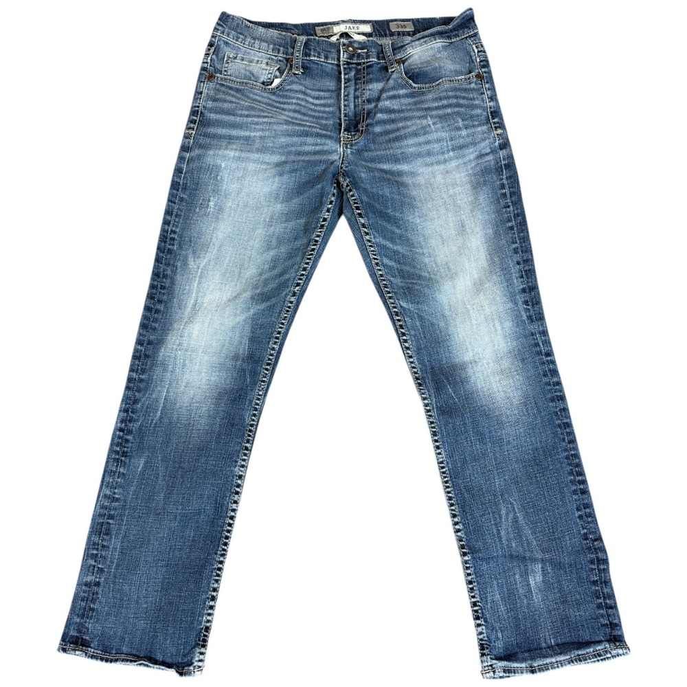 BKE Buckle Jake Jeans Men's 33x28 Blue Straight Leg Denim Distressed Western